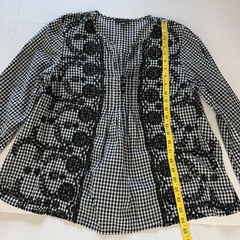 J. Crew Gingham Embroidered Eyelet Blouse Black White Cotton Top Womens Large